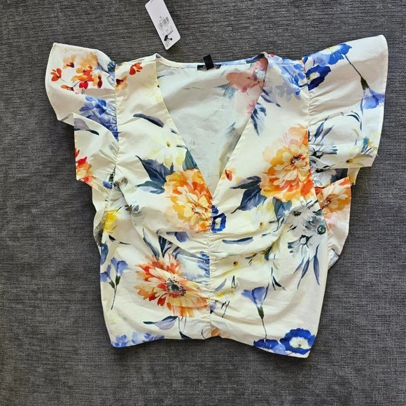 Express Floral V-Neck Flutter Sleeve Ruched Top Multi-Color For Women's Small - Picture 5 of 13